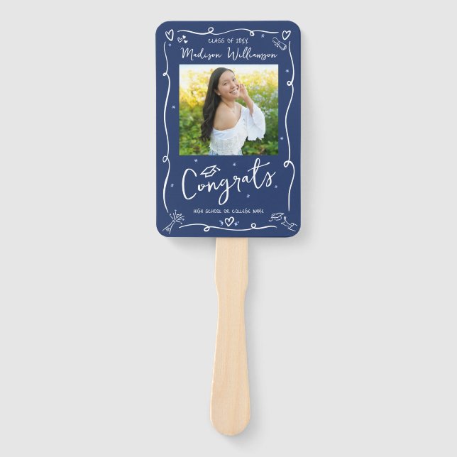 Blue Hand Drawn Doodle Style Graduation 2 Photo Hand Fan (Front)