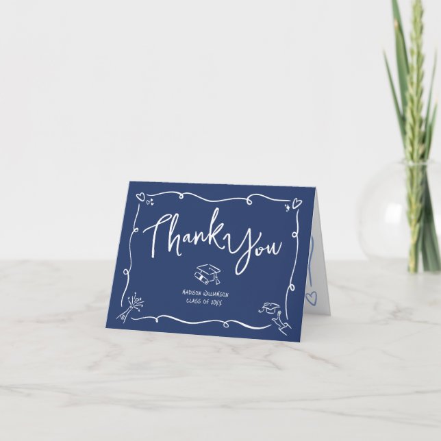 Blue Hand Drawn Doodle Style Graduation Quirky Fun Thank You Card (Front)