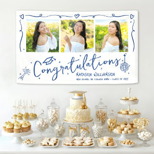 Blue Hand Drawn Doodles Graduation 3 Photo White Banner