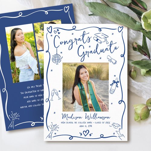 Blue Hand Drawn Doodles Graduation 4 Photo White