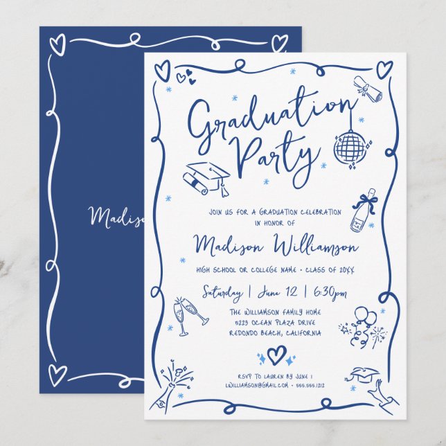 Blue Hand Drawn Doodles Graduation Fun White Party Invitation (Front/Back)