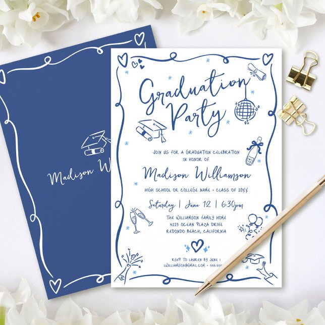 Blue Hand Drawn Doodles Graduation Fun White Party Invitation (Creator Uploaded)
