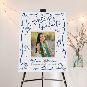 Blue Hand Drawn Doodles Graduation Photo White Fun Foam Board