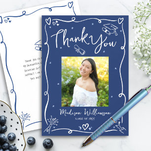 Blue Hand Drawn Doodles Photo Graduation Quirky Thank You Card