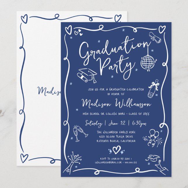 Blue Hand Drawn Doodles Style Fun Graduation Party Invitation (Front/Back)