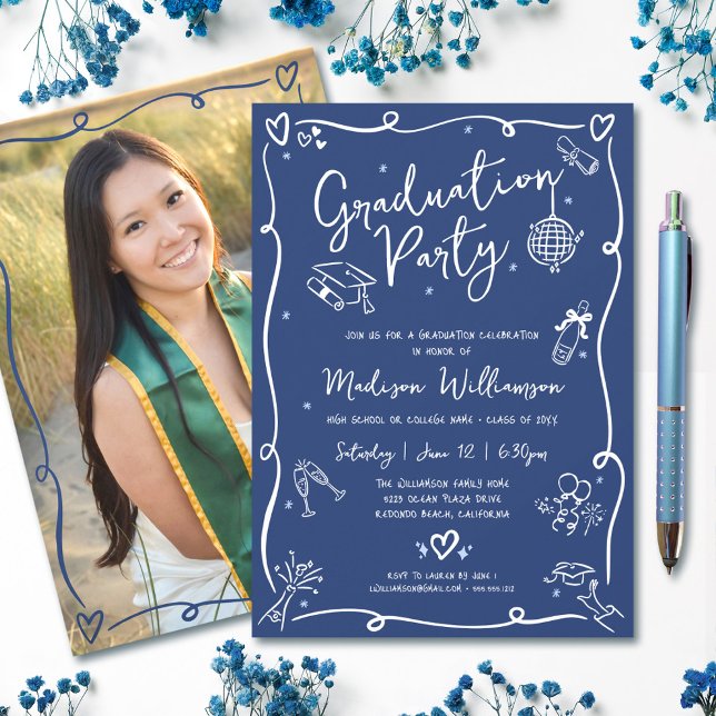 Blue Hand Drawn Doodles Style Photo Graduate Party Invitation (Creator Uploaded)