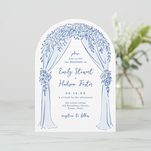 Blue Hand Drawn Floral Arch Whimsical Wedding Invitation