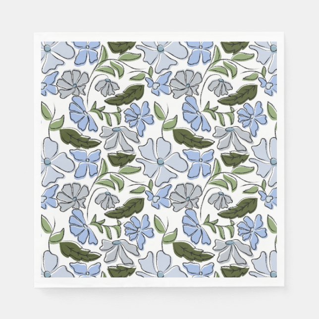 Blue Hand Drawn Floral Block Print Napkins (Front)
