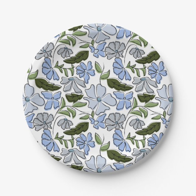 Blue Hand Drawn Floral Block Print Paper Plates (Front)