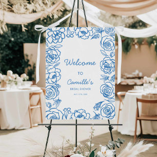 Blue Hand Drawn Floral Bridal Shower Welcome Sign