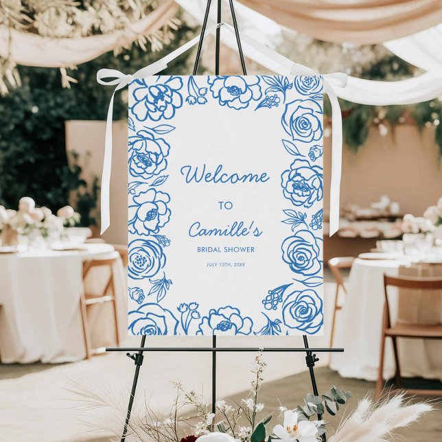 Blue Hand Drawn Floral Bridal Shower Welcome Sign (Blue Floral Hand Drawn Bridal Shower Welcome Sign)