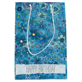 Blue Hand Drawn Floral Watercolor Pattern Medium Gift Bag