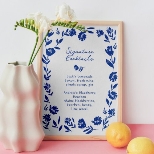 Blue Hand Drawn Flower Signature Cocktail Sign