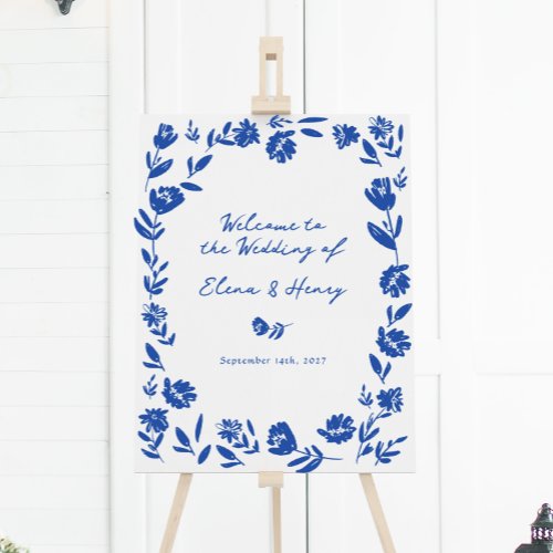 Blue Hand Drawn Flower Wedding Welcome Sign