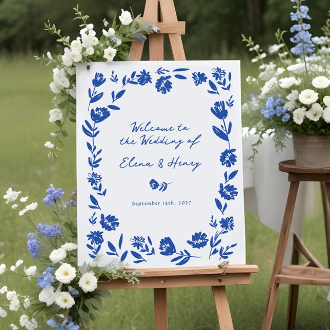 Blue Hand Drawn Flower Wedding Welcome Sign (Creator Uploaded)