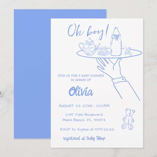 Blue Hand Drawn Handwriting Whimsical Baby Shower Invitation (Front/Back)
