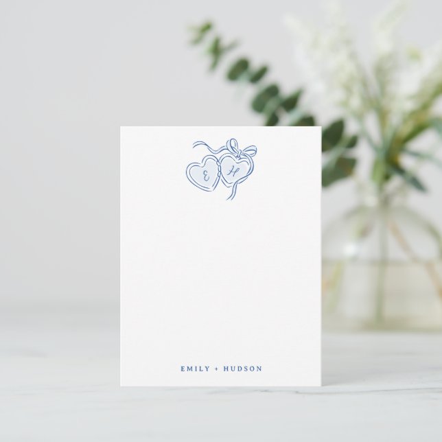 Blue Hand Drawn Hearts Monogram Personalized Note Card (Standing Front)