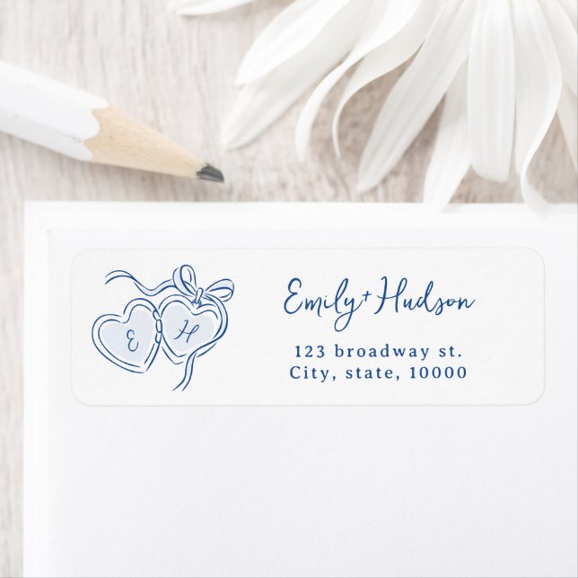 Blue Hand Drawn Hearts Monogram return address Label (Insitu)