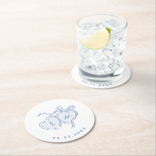 Blue Hand Drawn Hearts Monogram Whimsical Wedding Round Paper Coaster