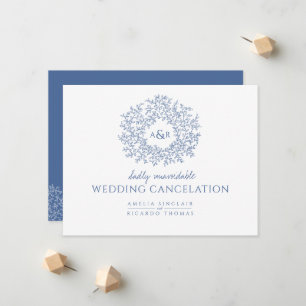 Blue hand drawn leaf monogram wedding cancelation announcement