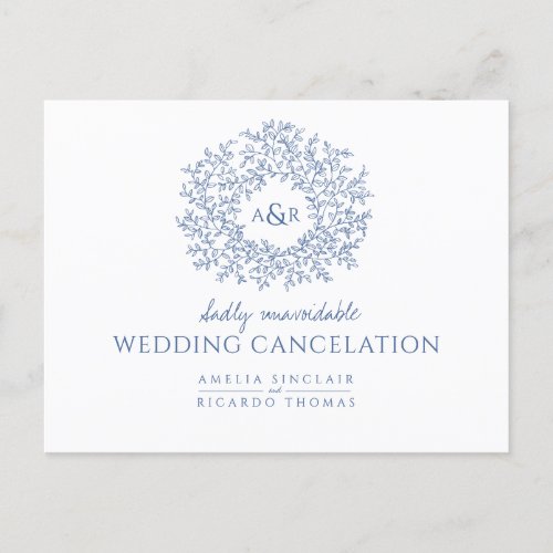 Blue hand drawn leaf monogram wedding cancelation announcement postcard
