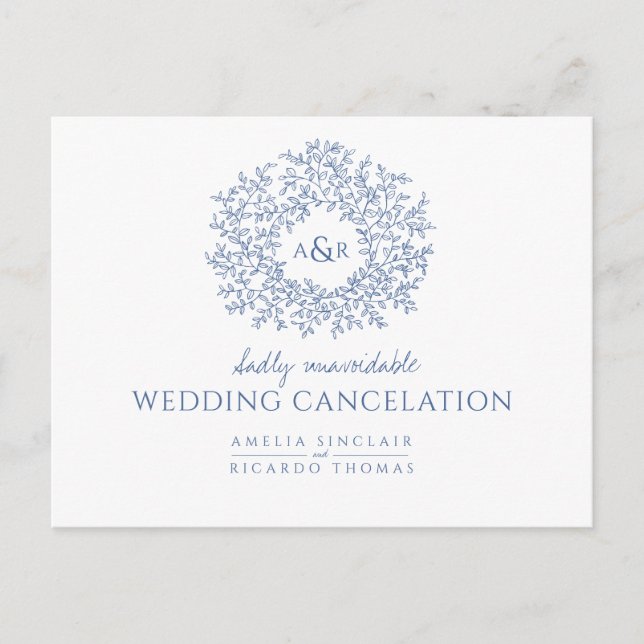 Blue hand drawn leaf monogram wedding cancelation announcement postcard (Front)