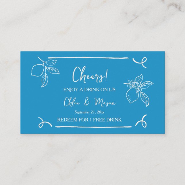 Blue Hand Drawn Lemon Wedding Drink Ticket (Front)