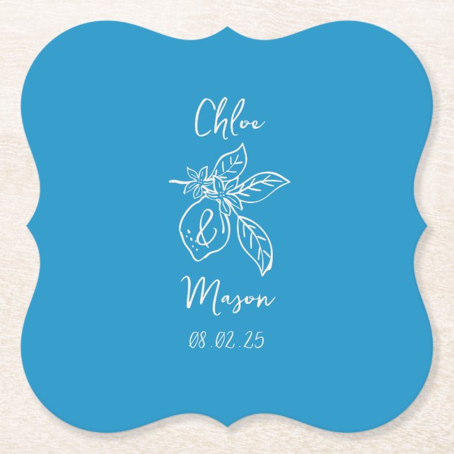 Blue Hand Drawn Lemon Wedding Paper Coaster (Front)
