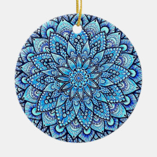 Blue Hand Drawn Mandala Design Ceramic Ornament