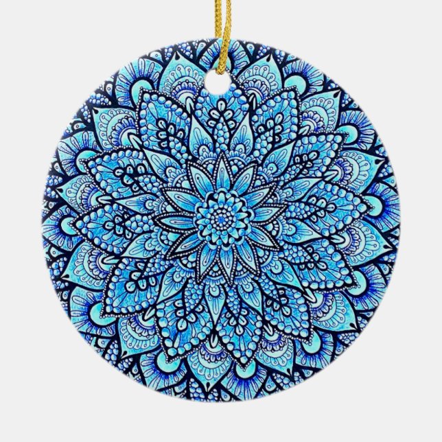 Blue Hand Drawn Mandala Design Ceramic Ornament (Front)