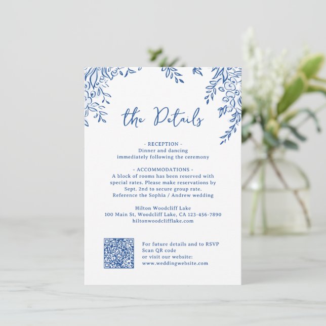 Blue Hand Drawn Monogram Whimsical Wedding Details Note Card (Standing Front)
