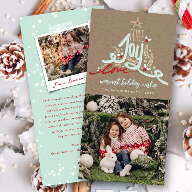 Blue Hand Drawn Peace Joy Love Kraft Rustic Photo Holiday Card (Creator Uploaded)