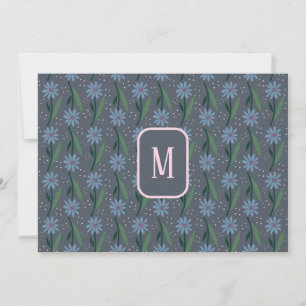 Blue Hand-Drawn Retro Daisy Monogram Note Card