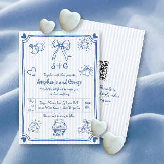 Blue hand drawn scribble doodle QR code wedding Invitation