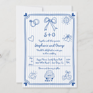 Blue hand drawn scribble doodle, stripes wedding Invitation