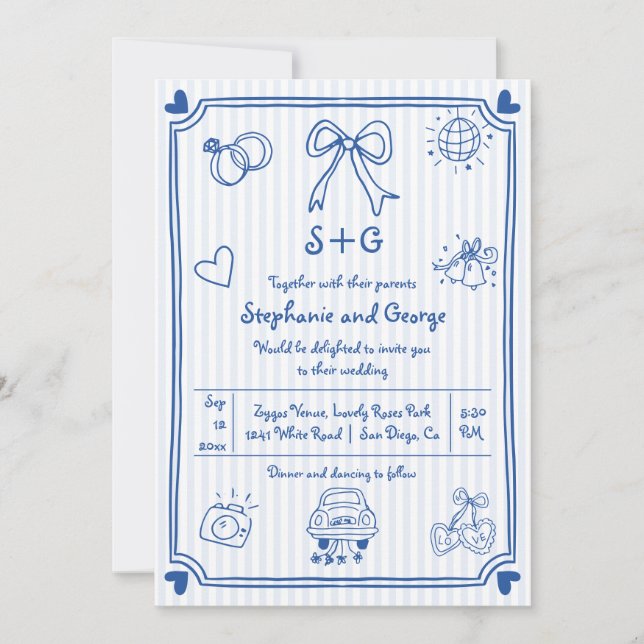  Blue hand drawn scribble doodle, stripes wedding Invitation (Front)
