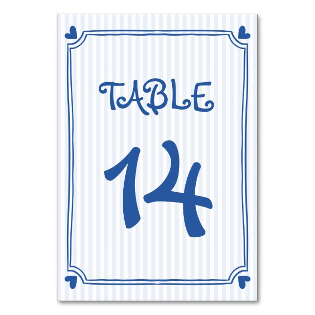 Blue hand drawn scribble doodle, stripes wedding table number (Front)