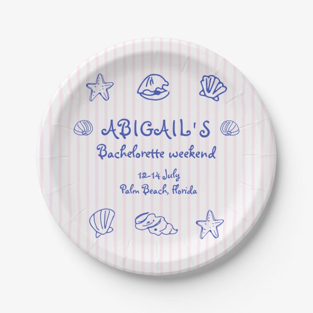 Blue hand drawn scribble sea shells bachelorette paper plates (Front)