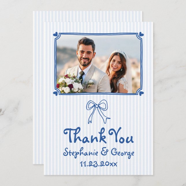 Blue hand drawn scribble whimsical photo wedding thank you card (Front/Back)
