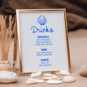 Blue Hand Drawn Seashell Coastal Bar Menu Poster