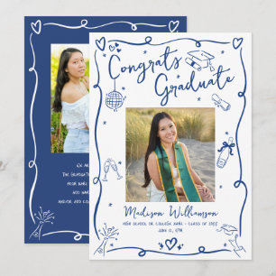 Blue Hand Drawn Sketches Graduation 5 Photo White Announcement