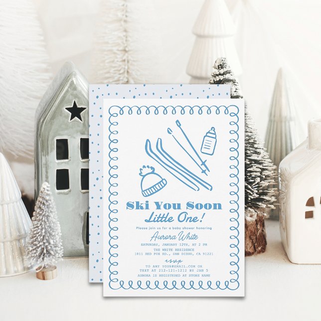 Blue Hand-Drawn Ski Boy Baby Shower Invitation (Creator Uploaded)