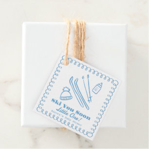 Blue Hand-Drawn Ski You Soon Boy Baby Shower Favor Tags