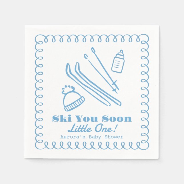 Blue Hand-Drawn Ski You Soon Boy Baby Shower Napkins (Front)