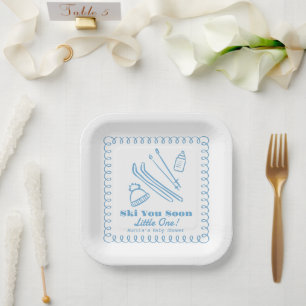 Blue Hand-Drawn Ski You Soon Boy Baby Shower Paper Plates