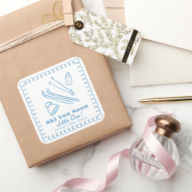 Blue Hand-Drawn Ski You Soon Boy Baby Shower Square Sticker (Gifting)