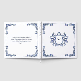 Blue Hand-Drawn Vintage Crest Monogrammed Wedding Guest Book