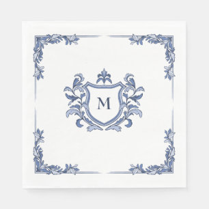 Blue Hand-Drawn Vintage Crest Monogrammed Wedding Napkins