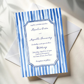 Blue hand drawn vintage stripes wedding invitation