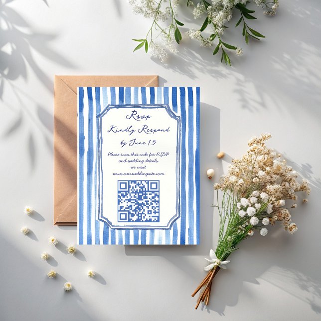 Blue hand drawn vintage stripes wedding RSVP card (Blue hand drawn stripes hand written vintage wedding invitation QR RSVP cards)